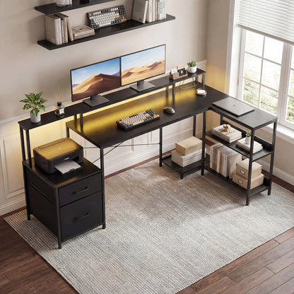 JHK 75IN L-Shaped Computer Desk with Power Outlet and LED Strip 2 Drawers For Study Office Gaming Wood Table Modern Work Table