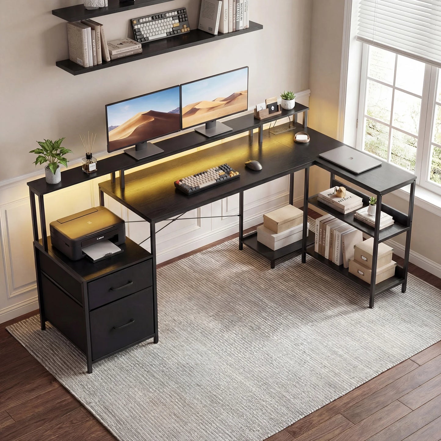 JHK 75IN L-Shaped Computer Desk with Power Outlet and LED Strip 2 Drawers For Study Office Gaming Wood Table Modern Work Table