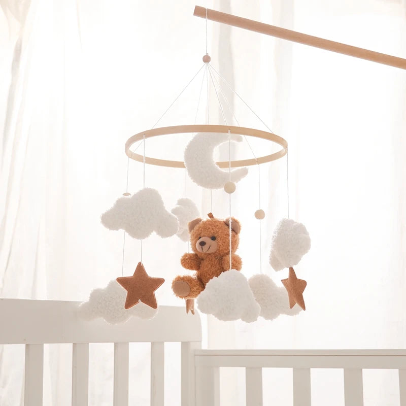 Wooden Crib Mobile Baby Bed Bell Rattle Toy Soft Felt Cartoon Bear Mobile bracket Newborn Music Box Bed Bell Hanging Bracket Toy