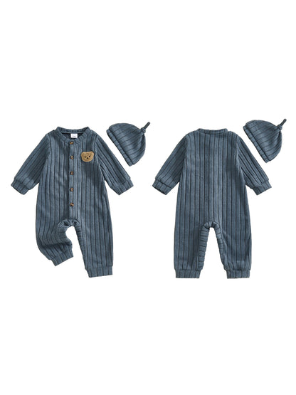 Infant Boy Romper and Beanie Set Adorable Bear Design Long Sleeve Jumpsuit with Matching Hat for Newborn Baby Outfit