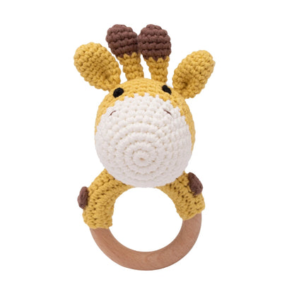 Handmade Crochet Animal Rattle Set Natural Beech Wood Ring Built in Bell Sound Teething Relief Fine Motor Skills Baby Toys Gift