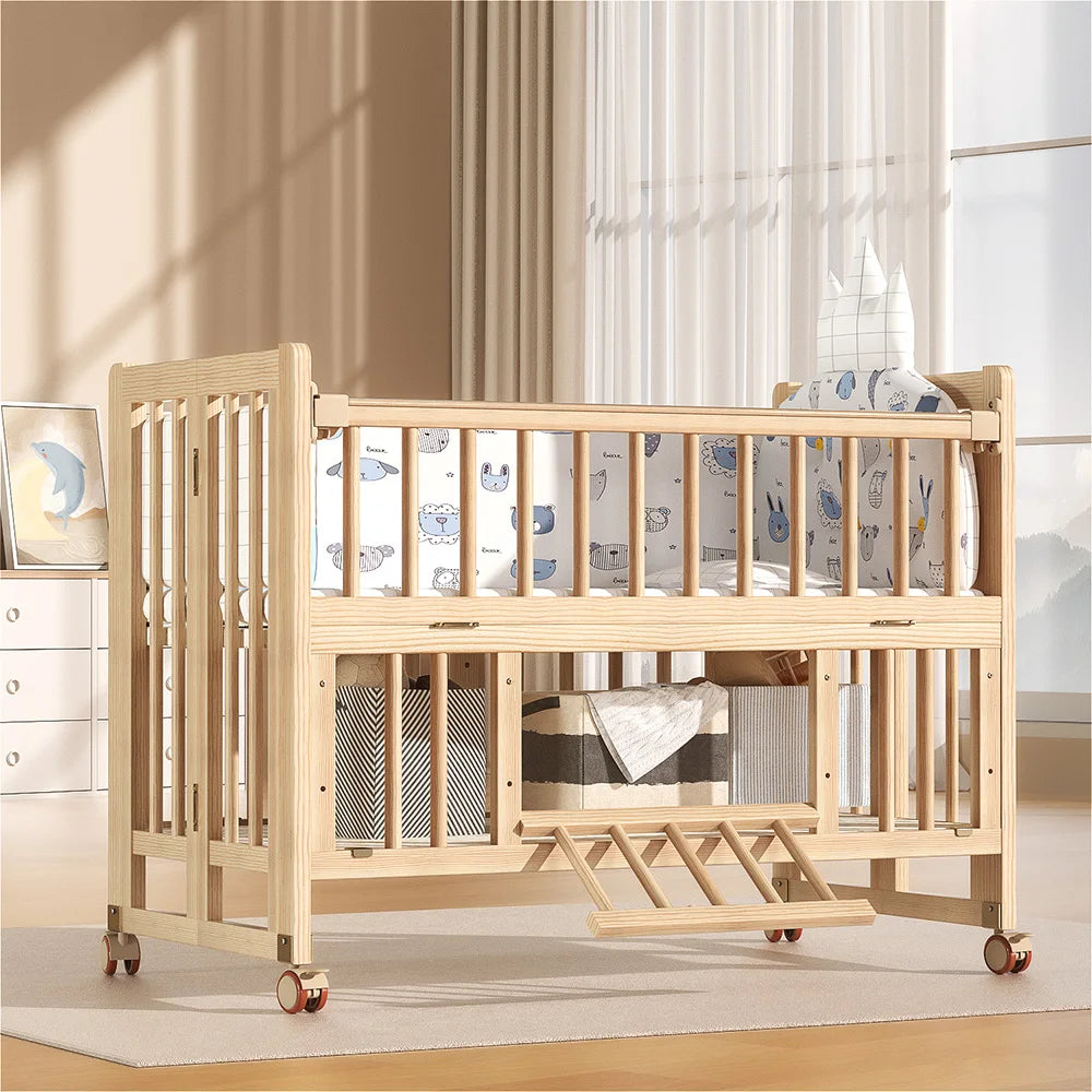 New Fashion 5 in 1 Multifunctional Solid Wood Foldable Baby Cot Adjustable Next to Me Baby Bed Crib