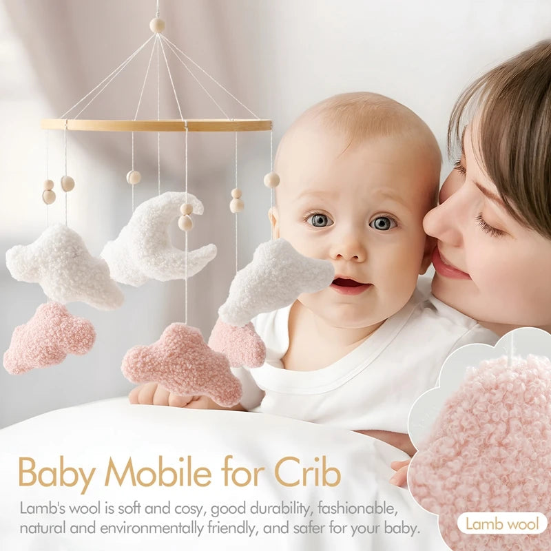 Wooden Crib Mobile Baby Bed Bell Rattle Toy Soft Felt Cartoon Bear Mobile bracket Newborn Music Box Bed Bell Hanging Bracket Toy