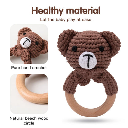 Handmade Crochet Animal Rattle Set Natural Beech Wood Ring Built in Bell Sound Teething Relief Fine Motor Skills Baby Toys Gift