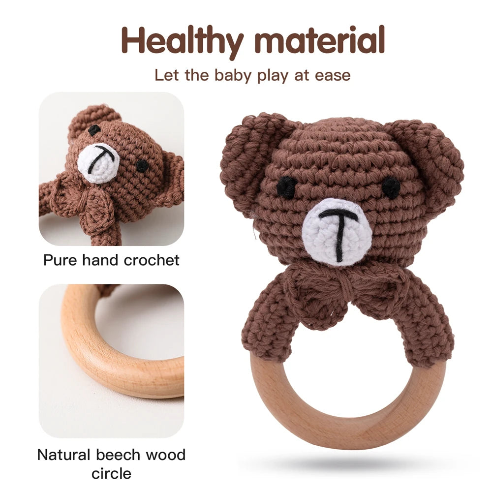 Handmade Crochet Animal Rattle Set Natural Beech Wood Ring Built in Bell Sound Teething Relief Fine Motor Skills Baby Toys Gift