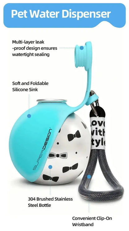 Dogs Drinking Bottle with Silicone Bowl, 285ml Stainless Steel Leak-Proof Dog Drinking Bottle for Cats and Dogs, Walks and Hikes