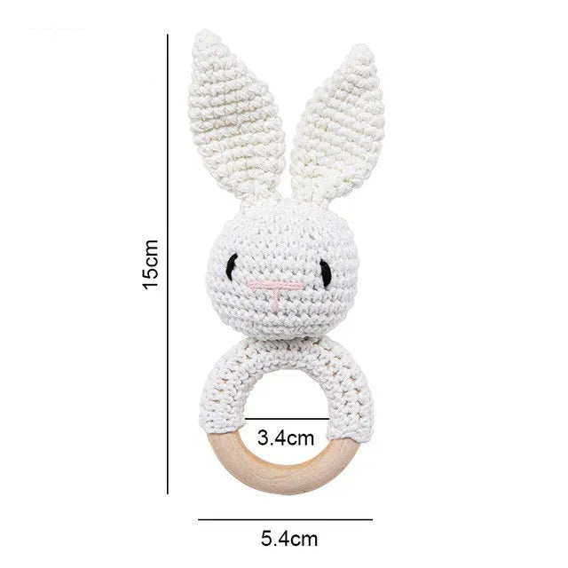 Handmade Crochet Animal Rattle Set Natural Beech Wood Ring Built in Bell Sound Teething Relief Fine Motor Skills Baby Toys Gift