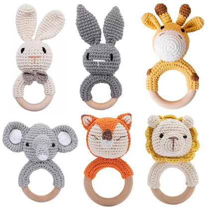 Handmade Crochet Animal Rattle Set Natural Beech Wood Ring Built in Bell Sound Teething Relief Fine Motor Skills Baby Toys Gift