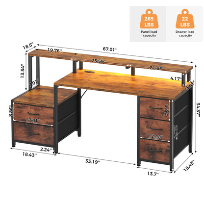 JHK 67In Gaming Computer Desk with 5 Storage Drawers Wood Office Computer Desks with LED Lights Power Outlets for Office Bedroom