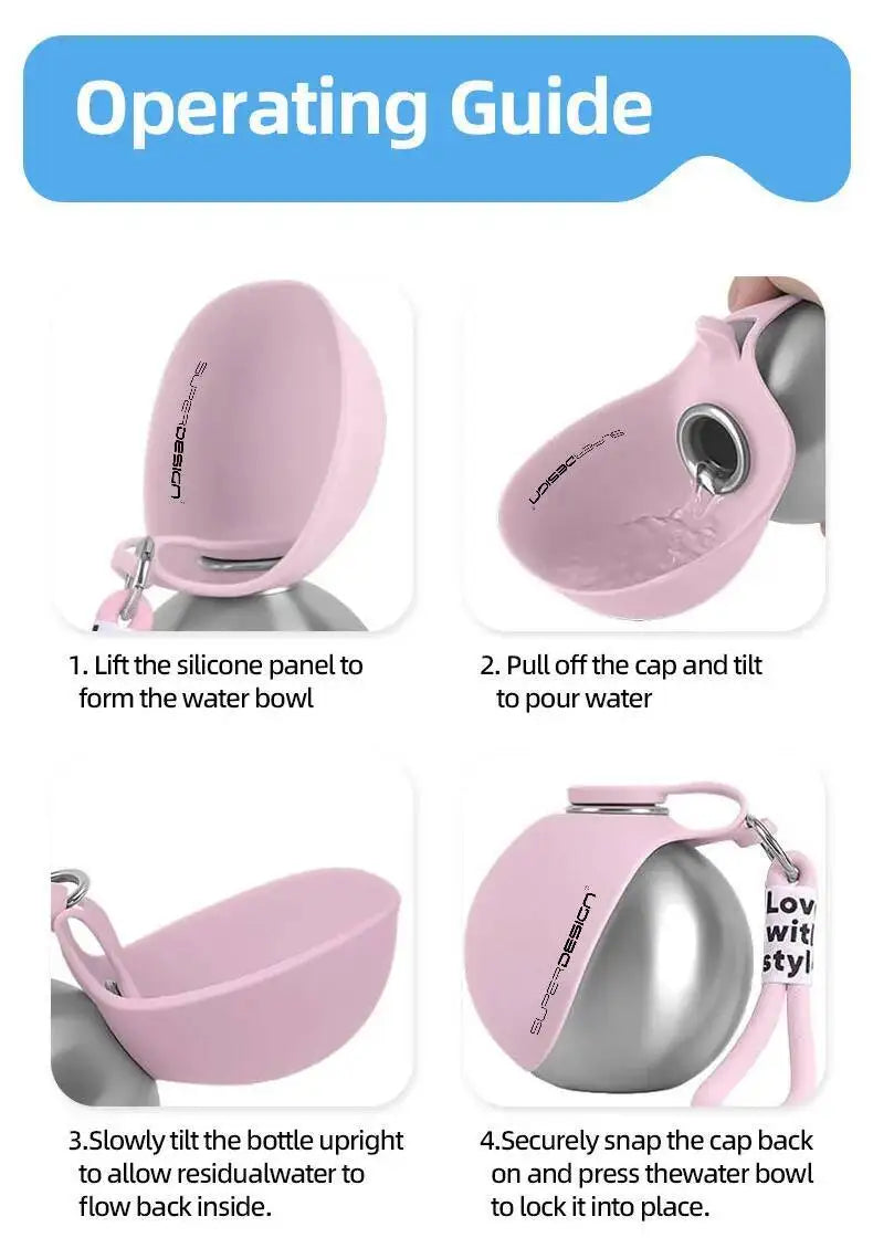 Dogs Drinking Bottle with Silicone Bowl, 285ml Stainless Steel Leak-Proof Dog Drinking Bottle for Cats and Dogs, Walks and Hikes