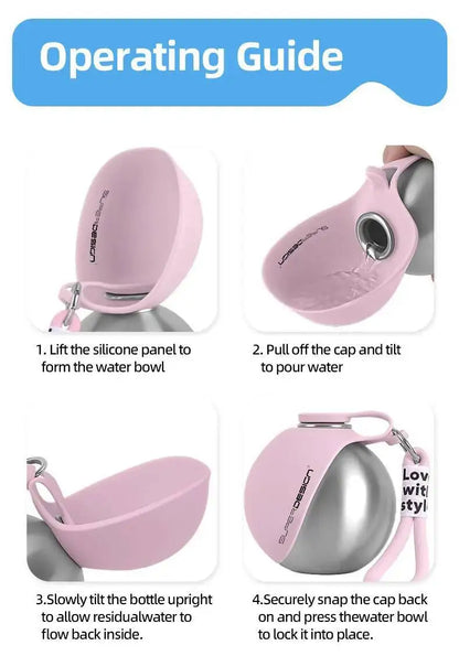 Dogs Drinking Bottle with Silicone Bowl, 285ml Stainless Steel Leak-Proof Dog Drinking Bottle for Cats and Dogs, Walks and Hikes