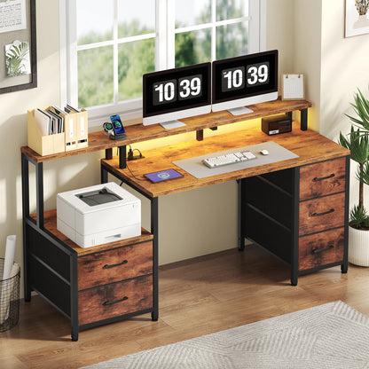 JHK 67In Gaming Computer Desk with 5 Storage Drawers Wood Office Computer Desks with LED Lights Power Outlets for Office Bedroom