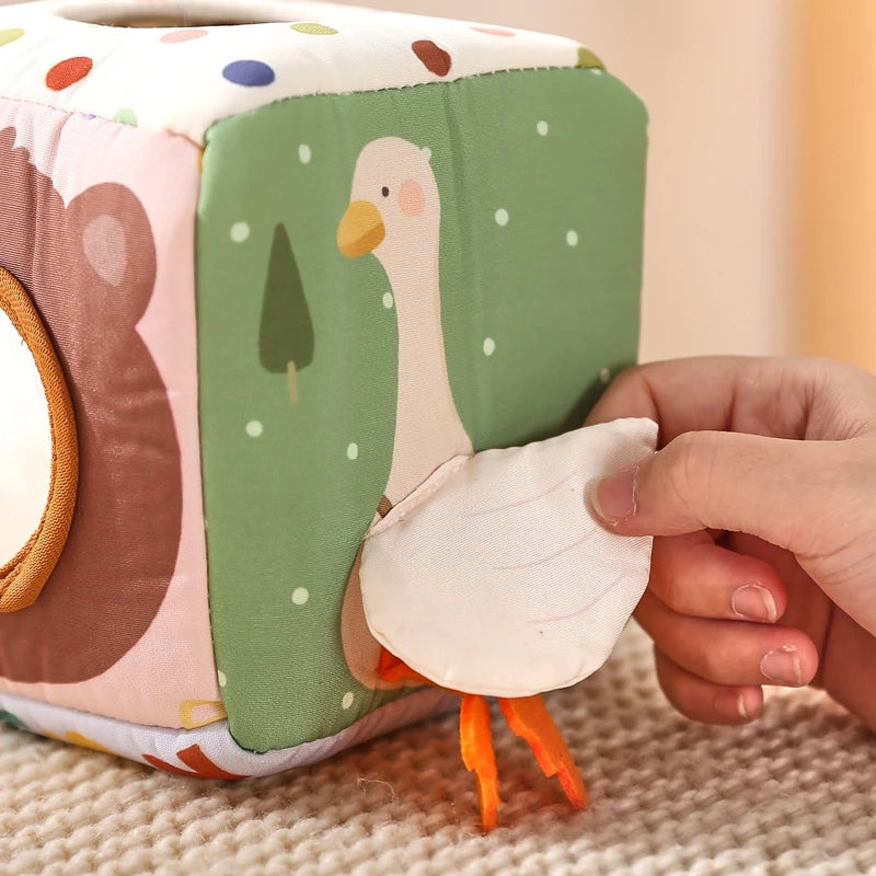 Baby Montessori Rattle Toy Cotton Animal Tissue Box Kid Finger Exercise Cloth Busy Box Toy Baby Educational Activity Sensory Toy