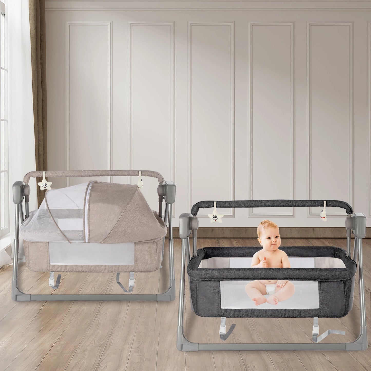 Gray/Khaki Electric Cradle Baby Swing Bed, Automatic Rocking Recliner Crib Basket, Music Remoter Control Sleeping Basket Cot