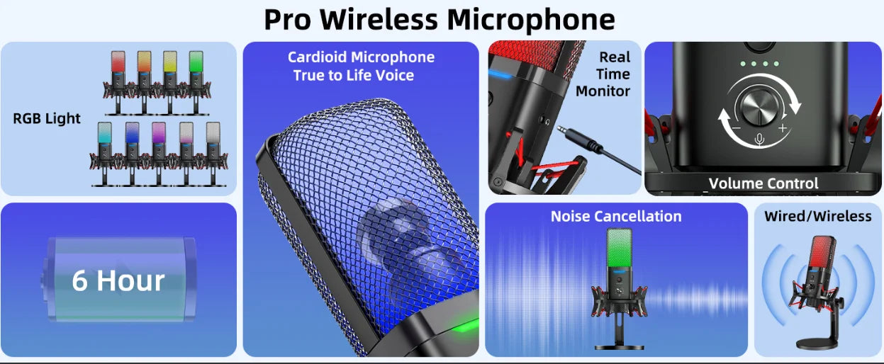 NPTCL Wireless USB Microphone for iPhone PC - RGB Gaming Mic Wired/Wireless Microphone 48Khz Studio Sound