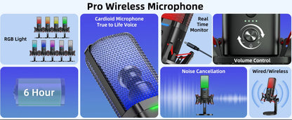 NPTCL Wireless USB Microphone for iPhone PC - RGB Gaming Mic Wired/Wireless Microphone 48Khz Studio Sound