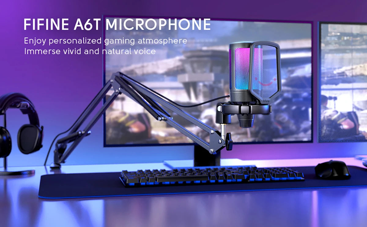 FIFINE USB Gaming Microphone Kit for PC,PS4/5 Condenser Cardioid Mic Set with Mute Button/RGB /Arm Stand,for Streaming Video