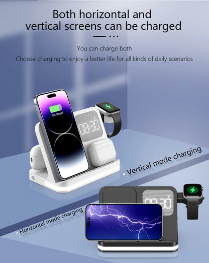 Clock, desktop, mobile phone, headphones, watch, wireless charger, both entertainment and charging not wrong