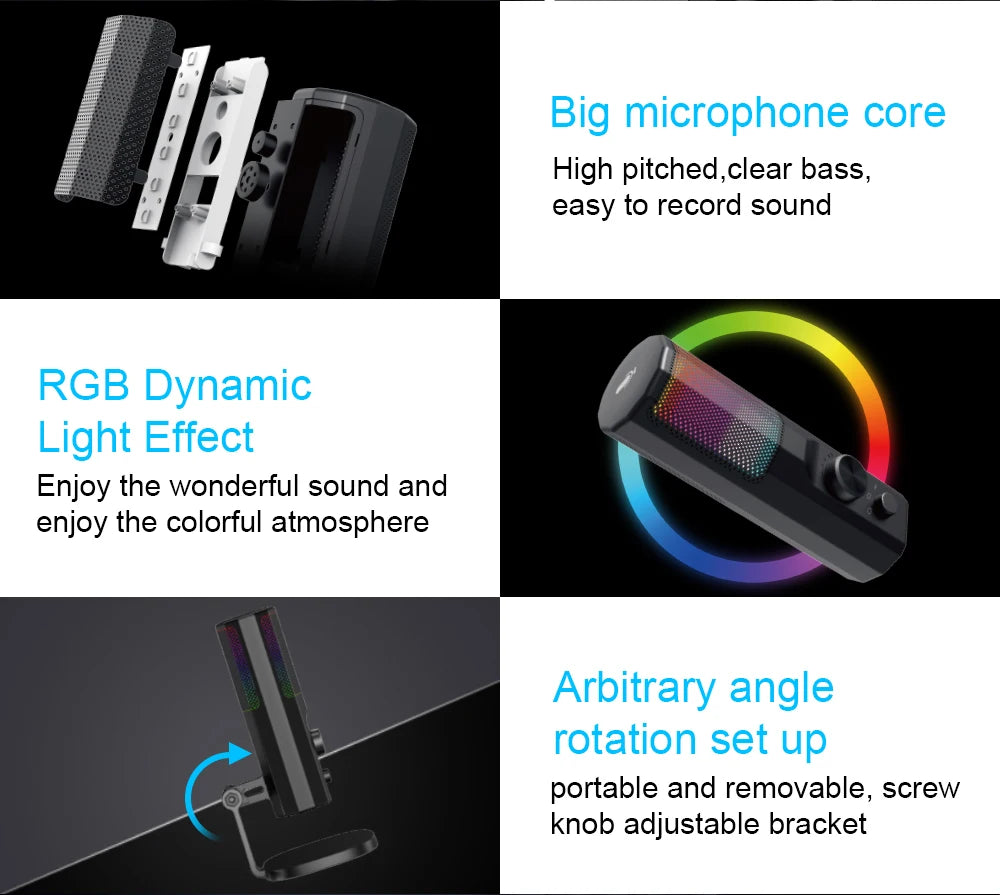 3.5mm Condenser Microphone with ENC Noise Cancelling, RGB LED Lighting, Compatible with PC/PS4/PS5/Mac/Android, Ideal for Stream