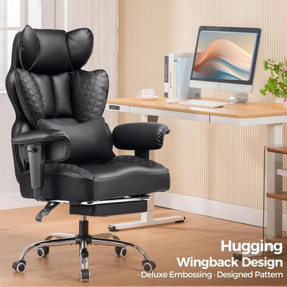 Big and Tall Office Chair 400LBS Wide Ergonomic Gaming Chair with Deluxe Embossing Designed Leather with Foot Rest,150°Reclinin