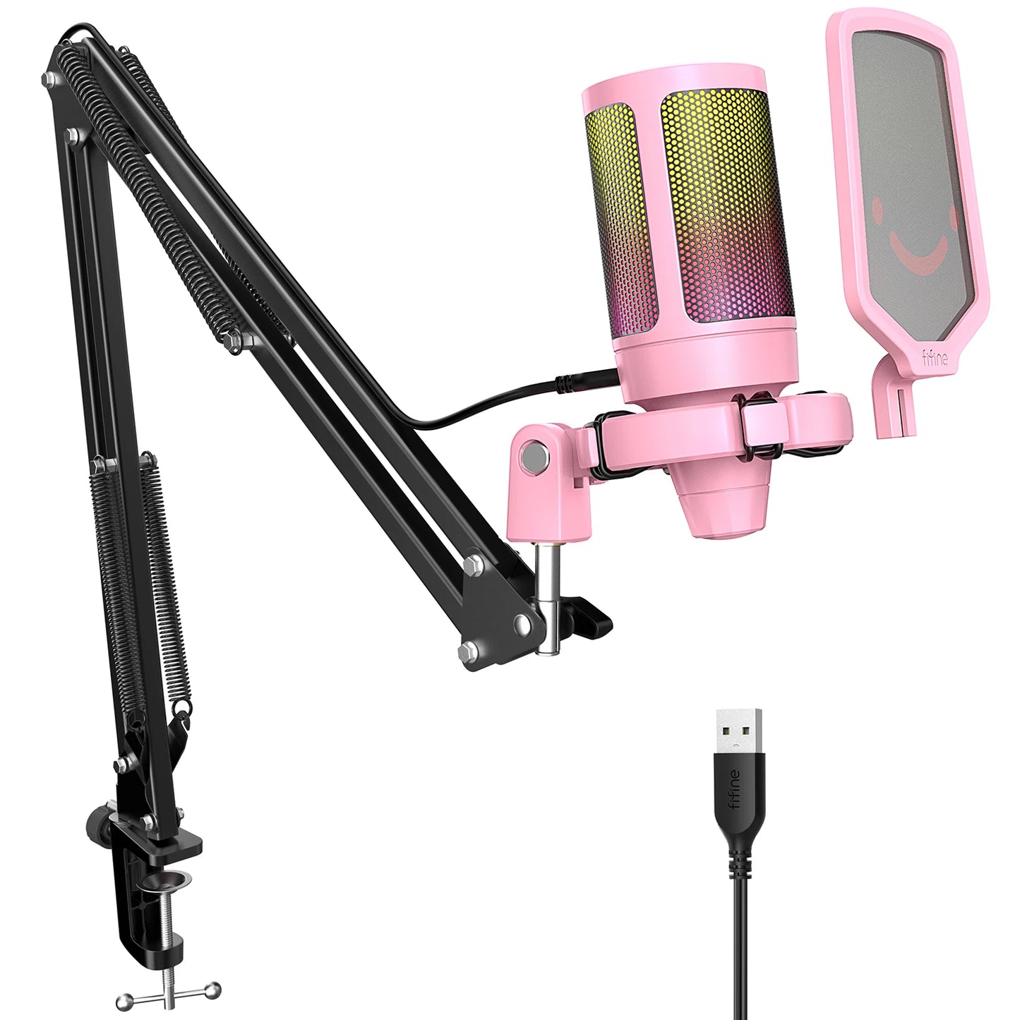 FIFINE USB Gaming Microphone Kit for PC,PS4/5 Condenser Cardioid Mic Set with Mute Button/RGB /Arm Stand,for Streaming Video