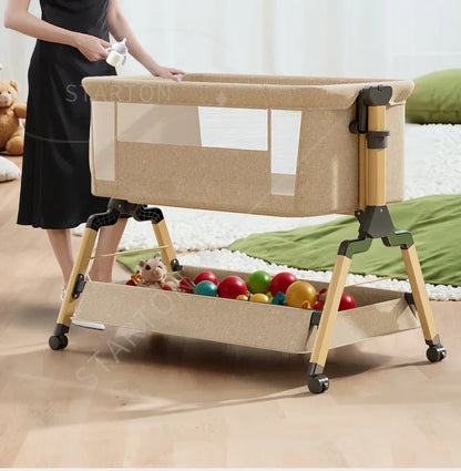 Removable Baby Cradle Bed Large Foldable Wood Crib Height Adjustment Splicing Anti-Spill Milk Feature for Living Room