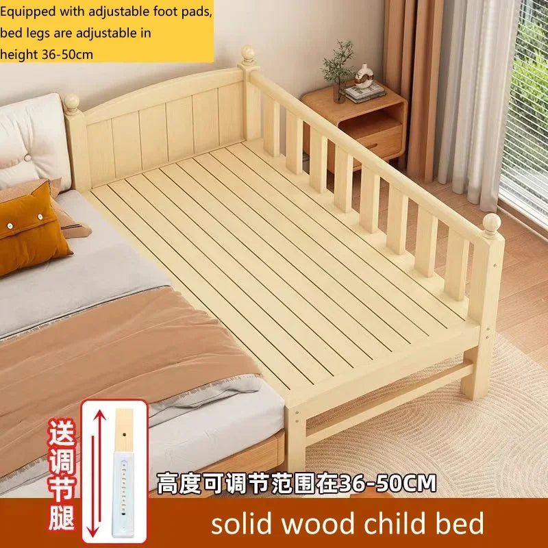 Children's Splicing Bed Wider Solid Wood Frame with Guardrail Baby Single Bed Kids' Crib Safety and Comfort
