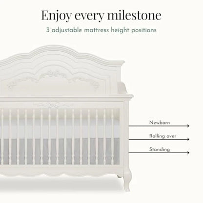 Evolur Aurora 5-in-1 Convertible Full-Size Baby Crib in, 3 Mattress HeightsRibbon Bow Scrollwork and Queen Anne Feet, Converts