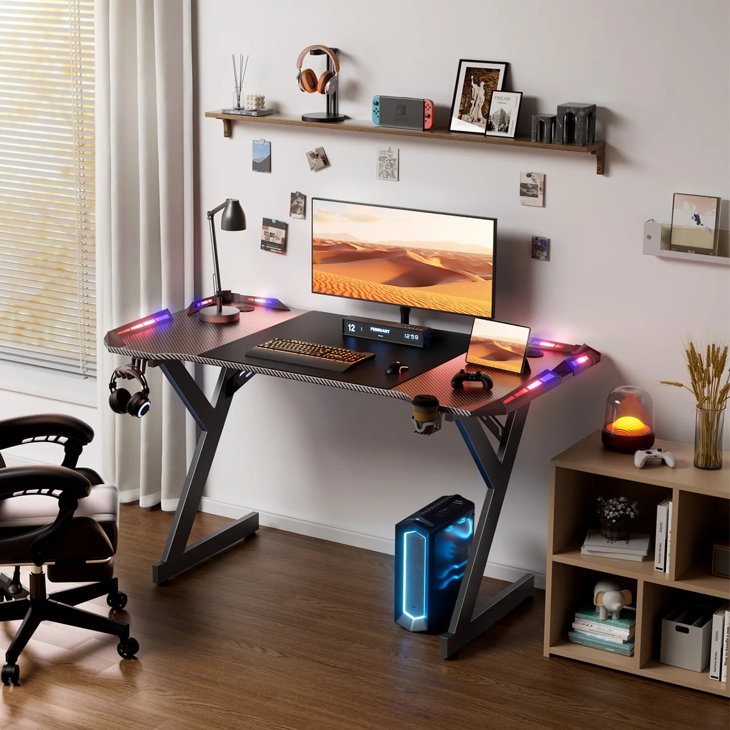 Y‑Shaped Gaming Desk with RGB LED Lights, Ergonomic Carbon‑Fiber Surface PC Workstation Table with Headphone Hook & Cup Holder