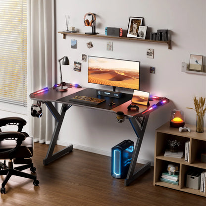 Y‑Shaped Gaming Desk with RGB LED Lights, Ergonomic Carbon‑Fiber Surface PC Workstation Table with Headphone Hook & Cup Holder