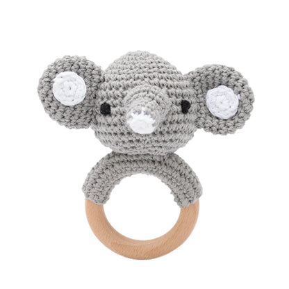 Handmade Crochet Animal Rattle Set Natural Beech Wood Ring Built in Bell Sound Teething Relief Fine Motor Skills Baby Toys Gift