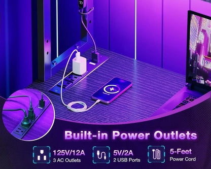 61 Inch L Shaped Desk with LED Lighting, Reversible Gaming Desk with Power Outlets, Cornor Computer Table with, Customized