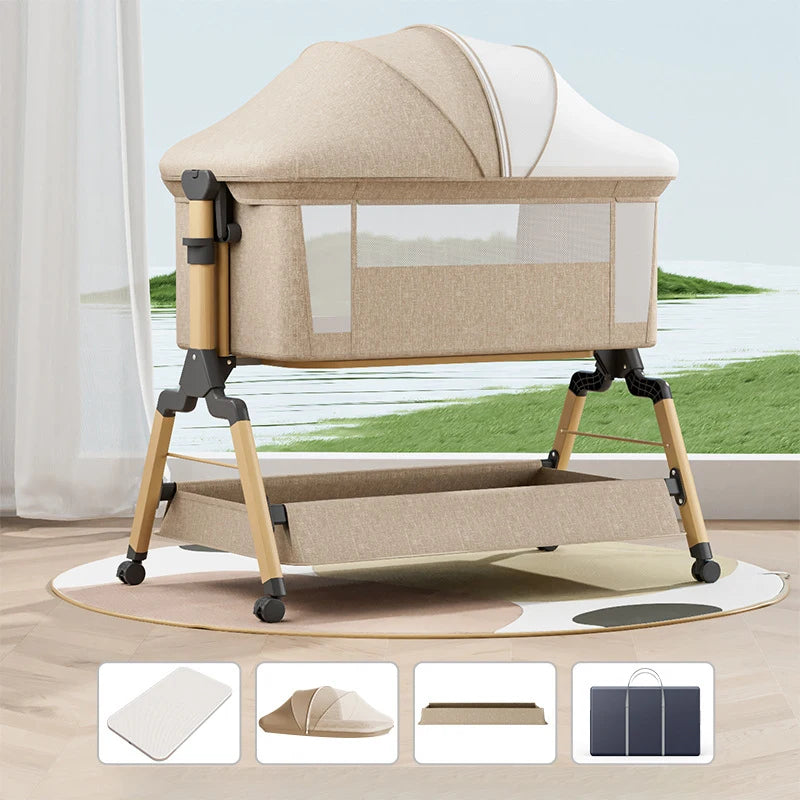 Removable Baby Cradle Bed Large Foldable Wood Crib Height Adjustment Splicing Anti-Spill Milk Feature for Living Room