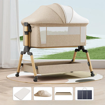 Removable Baby Cradle Bed Large Foldable Wood Crib Height Adjustment Splicing Anti-Spill Milk Feature for Living Room
