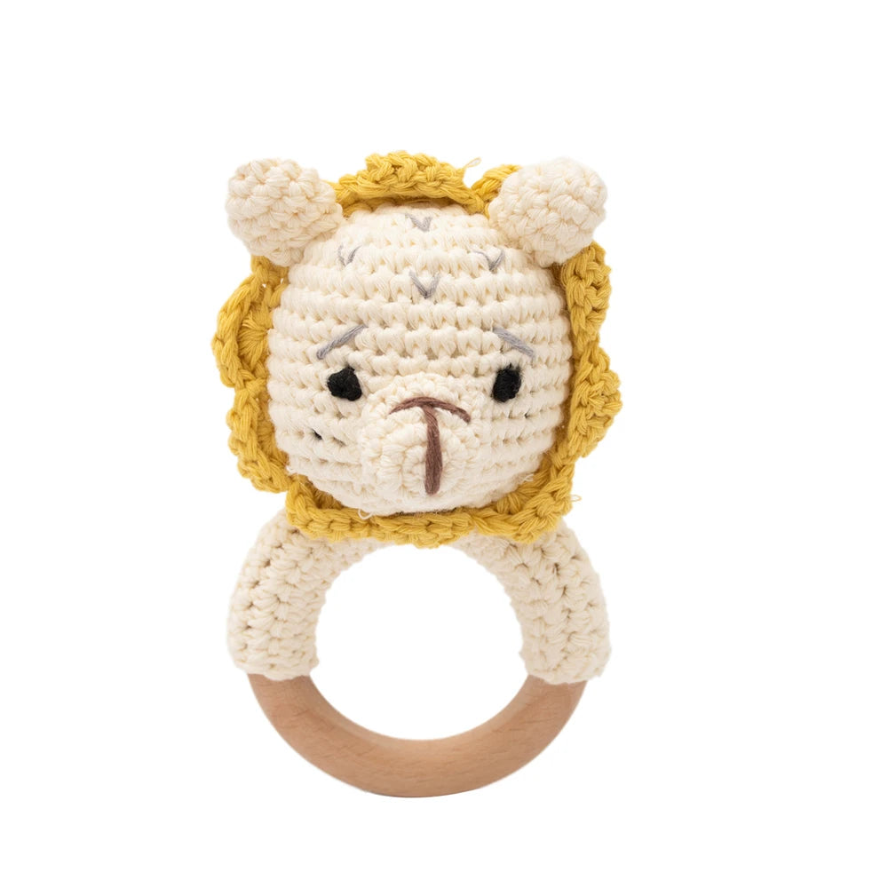 Handmade Crochet Animal Rattle Set Natural Beech Wood Ring Built in Bell Sound Teething Relief Fine Motor Skills Baby Toys Gift