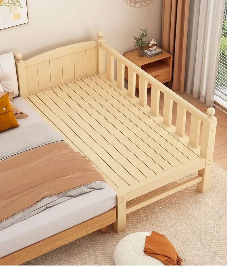 Children's Splicing Bed Wider Solid Wood Frame with Guardrail Baby Single Bed Kids' Crib Safety and Comfort