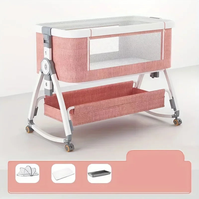 Multi Functional Crib with Foldable Height Adjustment Splicing, Portable and Movable Bedside Swing, Cradle, Sleeping Bed