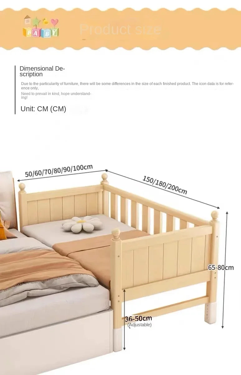 Children's Splicing Bed Wider Solid Wood Frame with Guardrail Baby Single Bed Kids' Crib Safety and Comfort