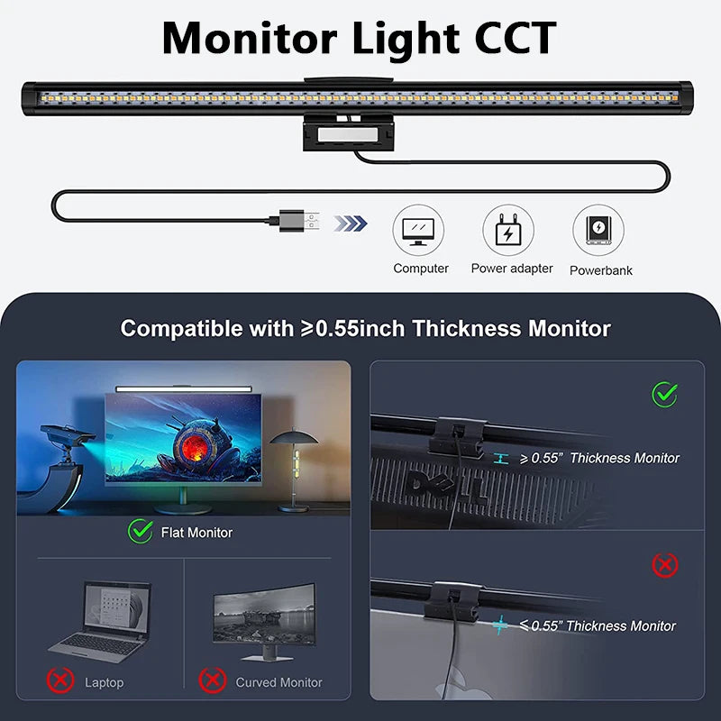 RGB 30cm Monitor Hanging Lamp – Stepless Dimmable LED Screen Bar for Work & Gaming & Study