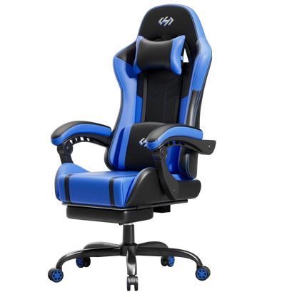 Ergonomic Gaming Chair, Lumbar Massage & Adjustable Headrest, PU Leather Computer Seat with Retractable Footrest and 360° Swivel