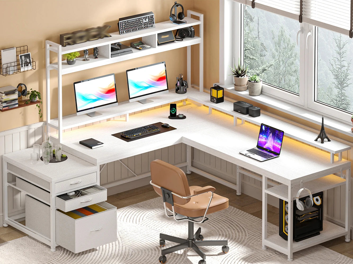 L Shaped Computer Desk with Power Outlet & Monitor Stand & LED Gaming Desk with Hutch Drawers for Living, Gaming Room