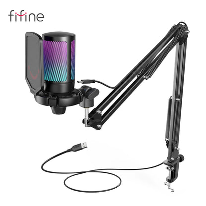 FIFINE USB Gaming Microphone Kit for PC,PS4/5 Condenser Cardioid Mic Set with Mute Button/RGB /Arm Stand,for Streaming Video