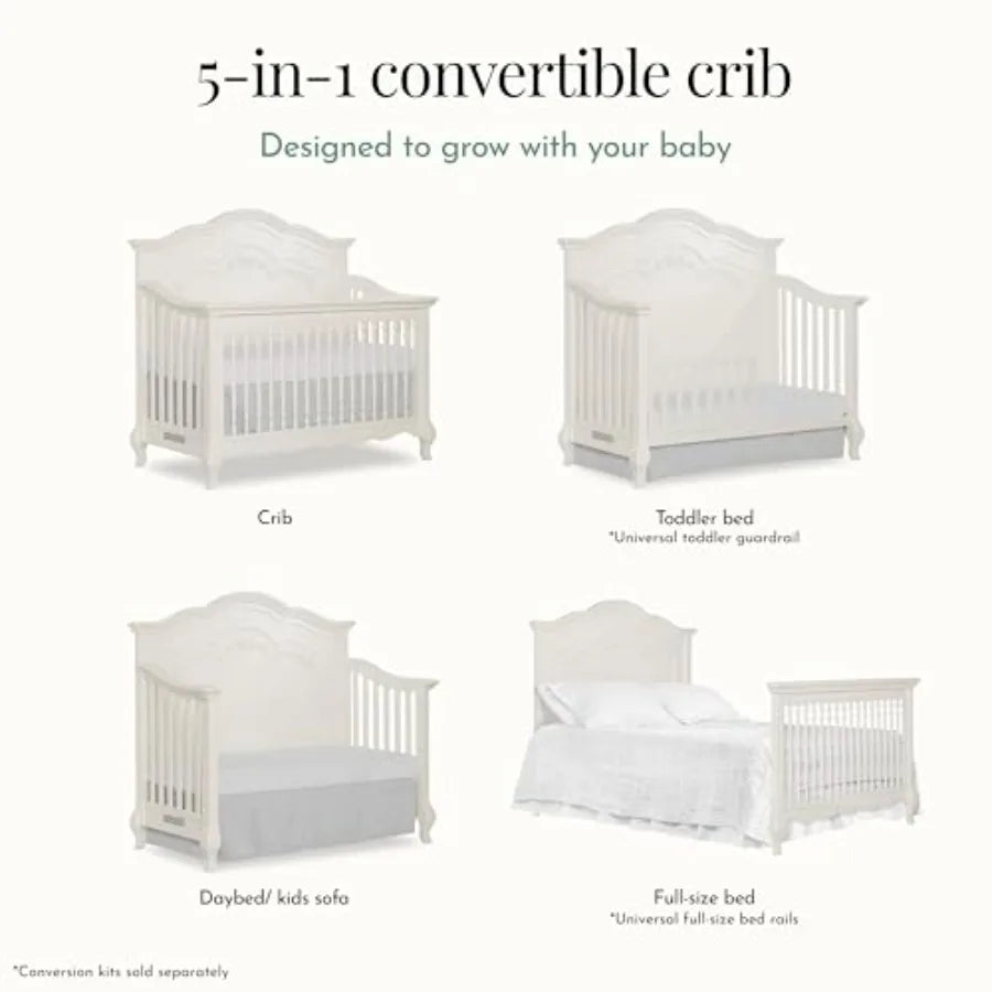 Evolur Aurora 5-in-1 Convertible Full-Size Baby Crib in, 3 Mattress HeightsRibbon Bow Scrollwork and Queen Anne Feet, Converts