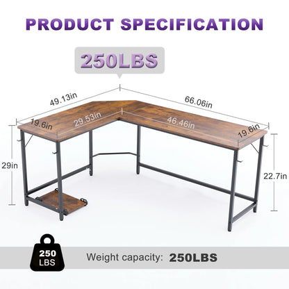 JHK 66 Inch L ShapedCorner Computer Desk Larger Gaming Office Table with Iron Hook CPU Stand for Home Study Writing Work Station