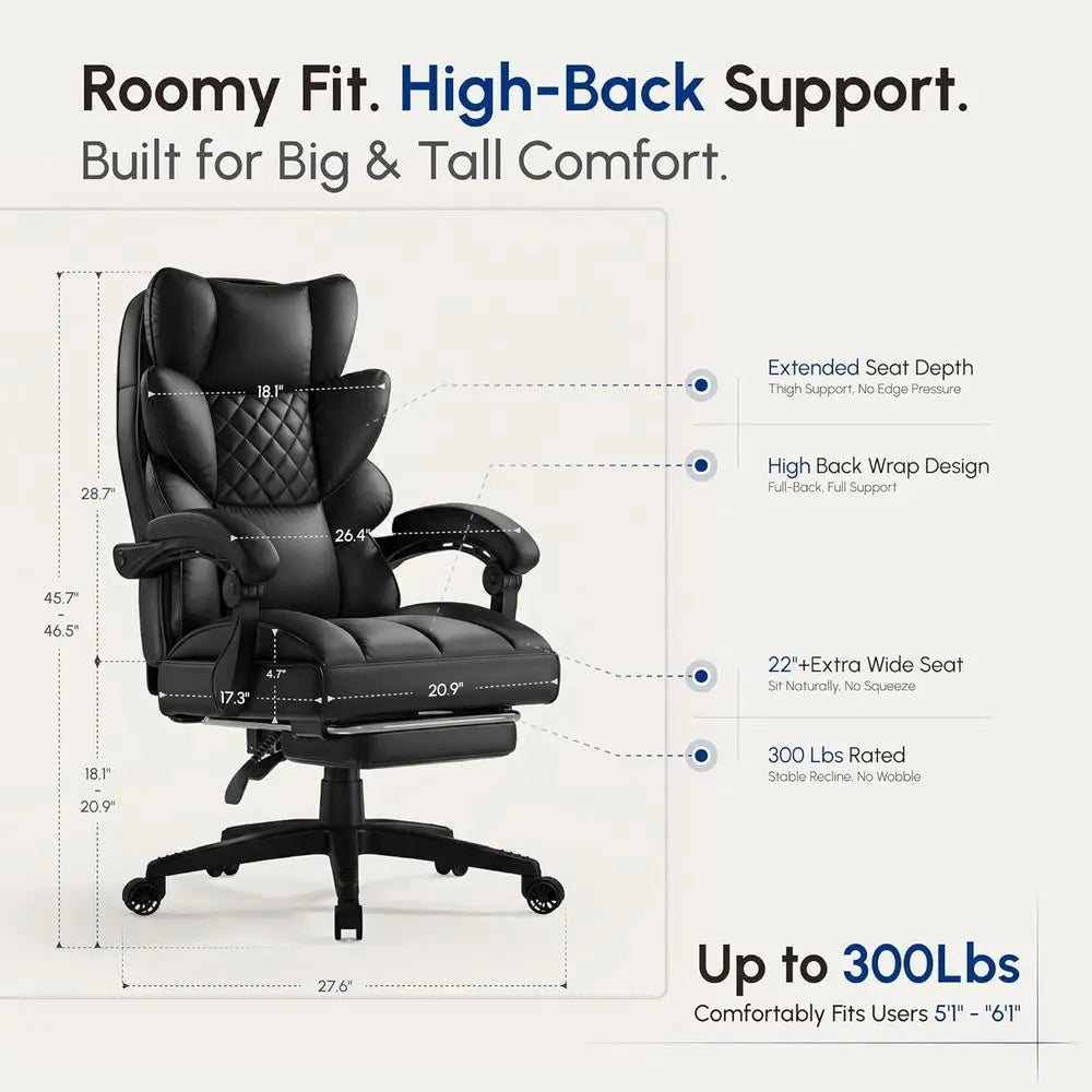 Ergonomic High-Back Gaming Chair with Spring Cushion and Footrest, Black PU Leather
