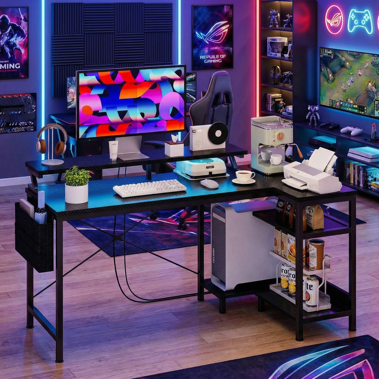 JHK 40IN to 48IN L Shaped with Storage Shelves Computer Desk Gaming Wood Table with USB Charging Ports LED Lights for Office