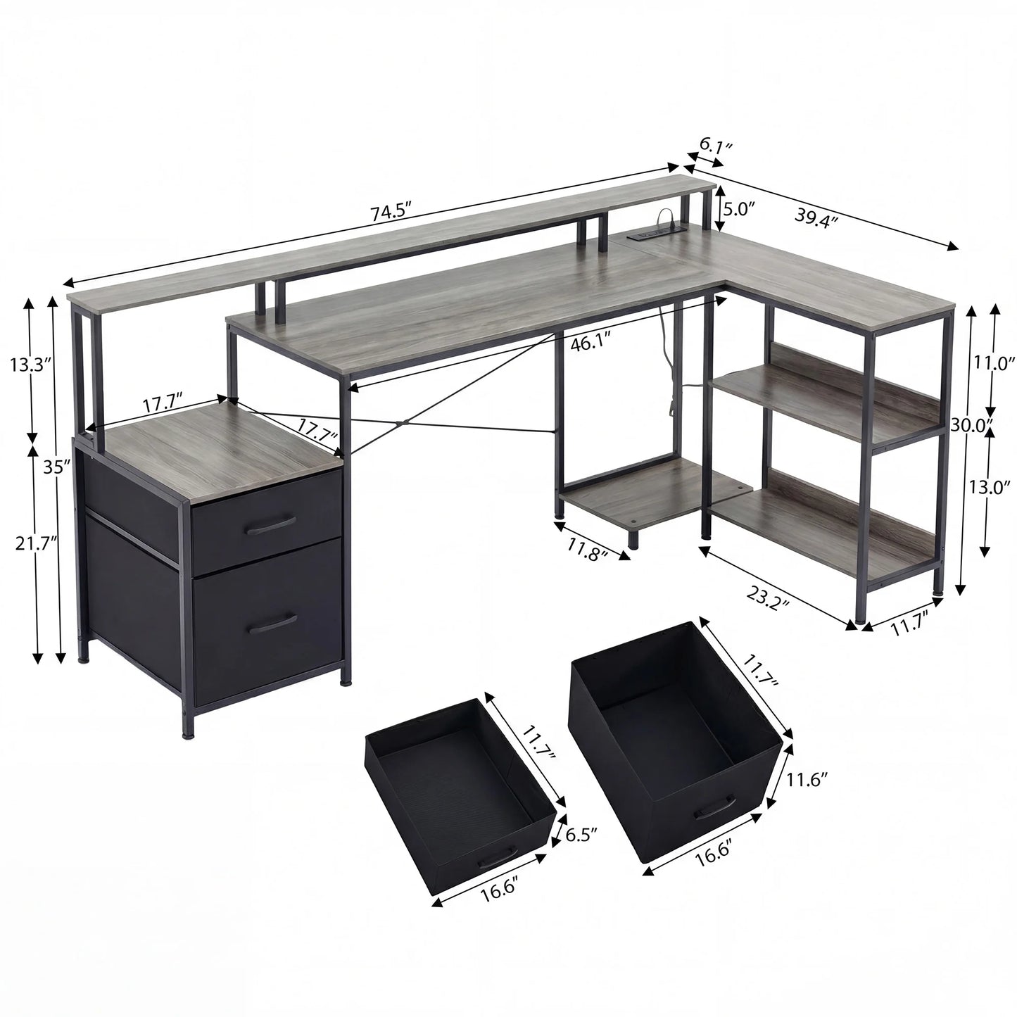 JHK 75IN L-Shaped Computer Desk with Power Outlet and LED Strip 2 Drawers For Study Office Gaming Wood Table Modern Work Table