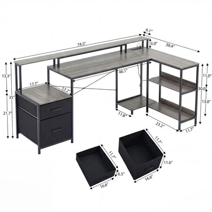 JHK 75IN L-Shaped Computer Desk with Power Outlet and LED Strip 2 Drawers For Study Office Gaming Wood Table Modern Work Table
