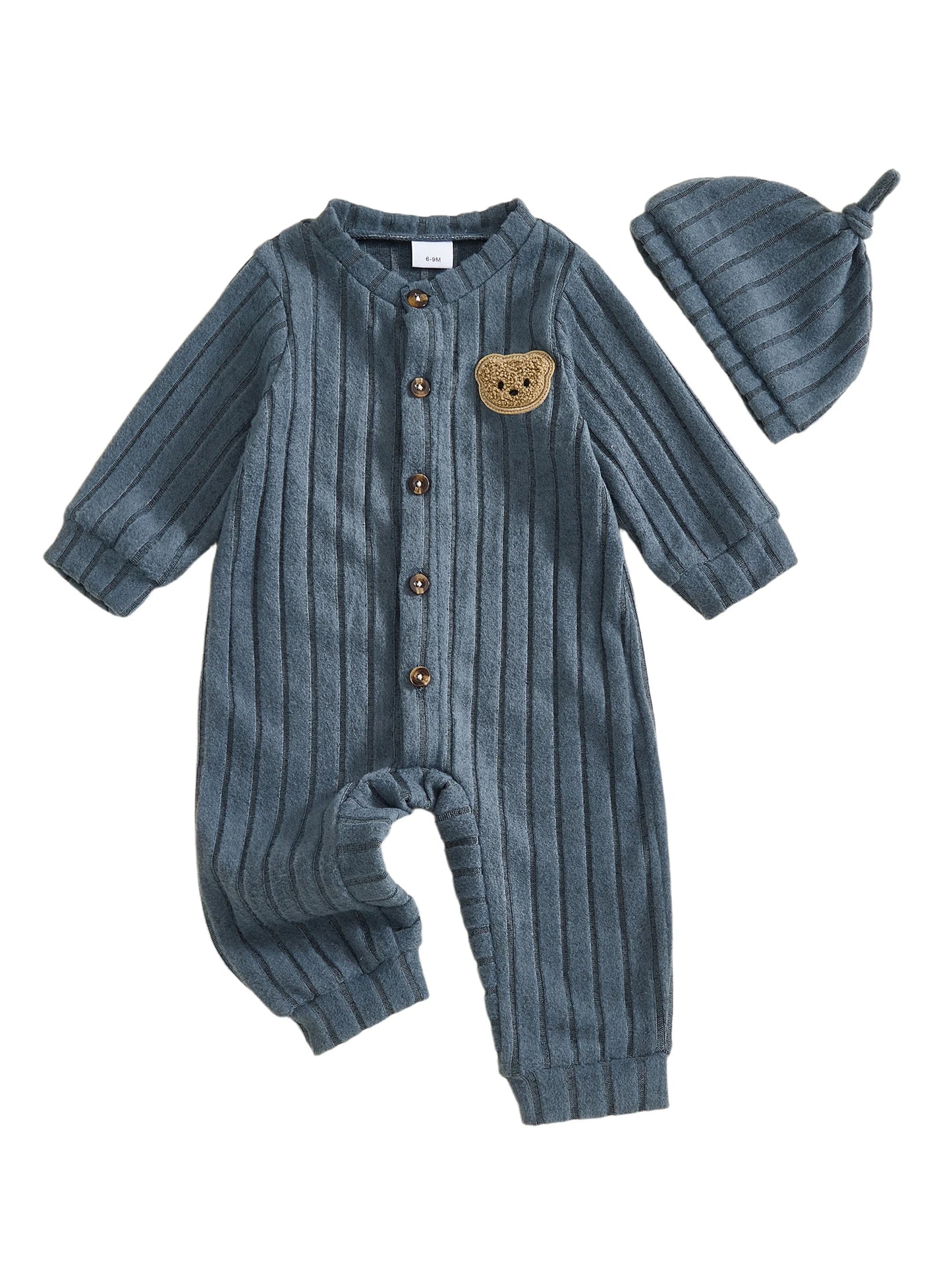 Infant Boy Romper and Beanie Set Adorable Bear Design Long Sleeve Jumpsuit with Matching Hat for Newborn Baby Outfit