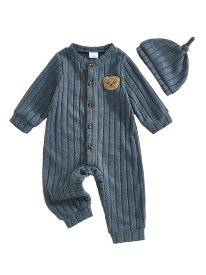 Infant Boy Romper and Beanie Set Adorable Bear Design Long Sleeve Jumpsuit with Matching Hat for Newborn Baby Outfit